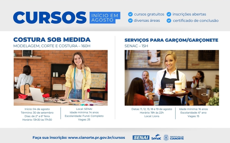 Cianorte oferece cursos gratuitos de costura e garçom/garçonete