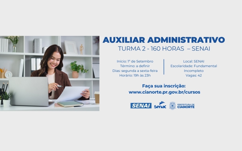 Abertas as inscrições para a segunda turma do curso de Auxiliar Administrativo 