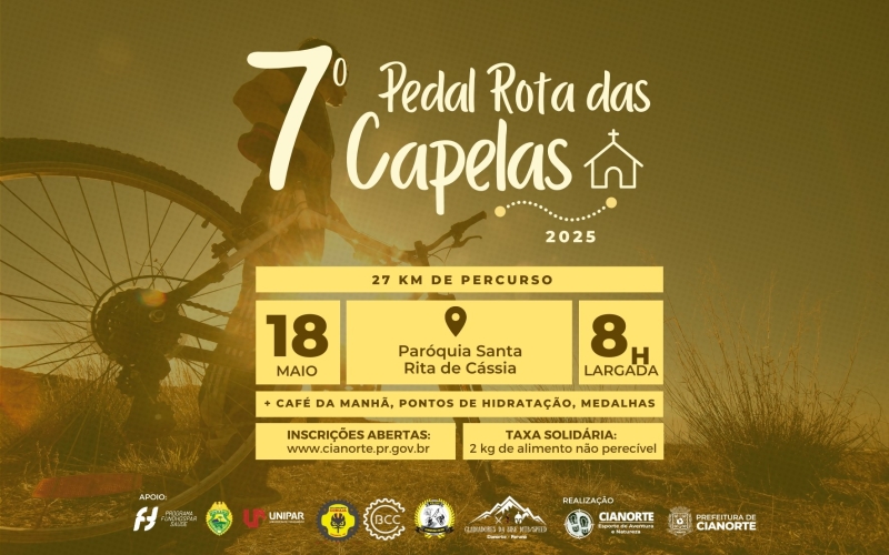 Secretaria de Esporte abre inscrições para o 7º Pedal Rota das Capelas