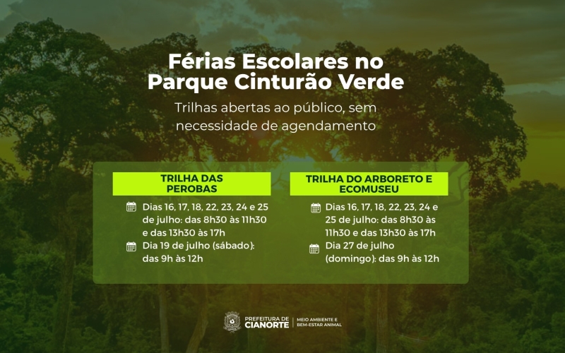 Trilhas do Cinturão Verde abrem em horário especial durante férias escolares