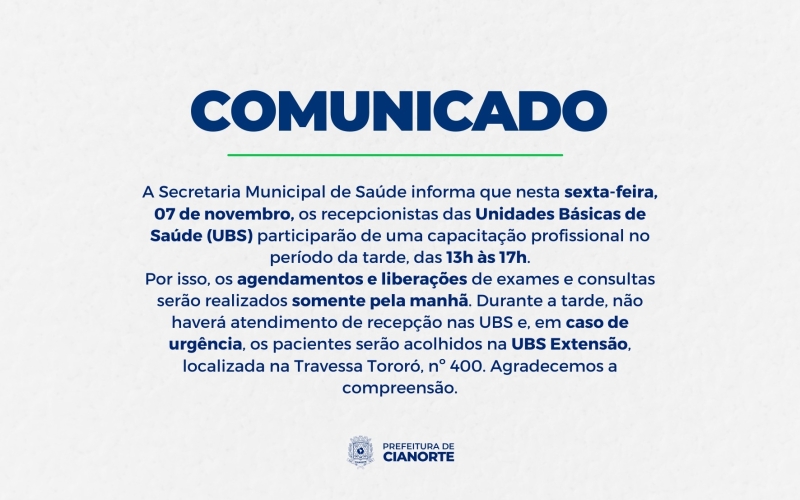 Atendimentos de recepção em UBS serão temporariamente suspensos na tarde desta sexta-feira (7)