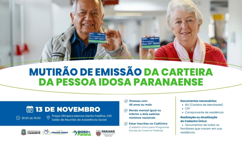 Quinta-feira tem mutirão para emissão da Carteira da Pessoa Idosa