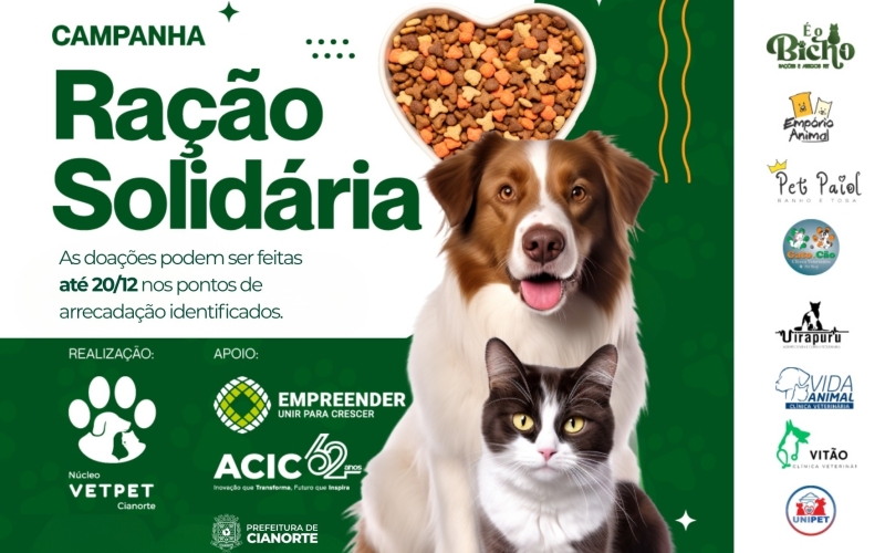 Campanha Ração Solidária visa beneficiar cães e gatos de famílias de baixa renda